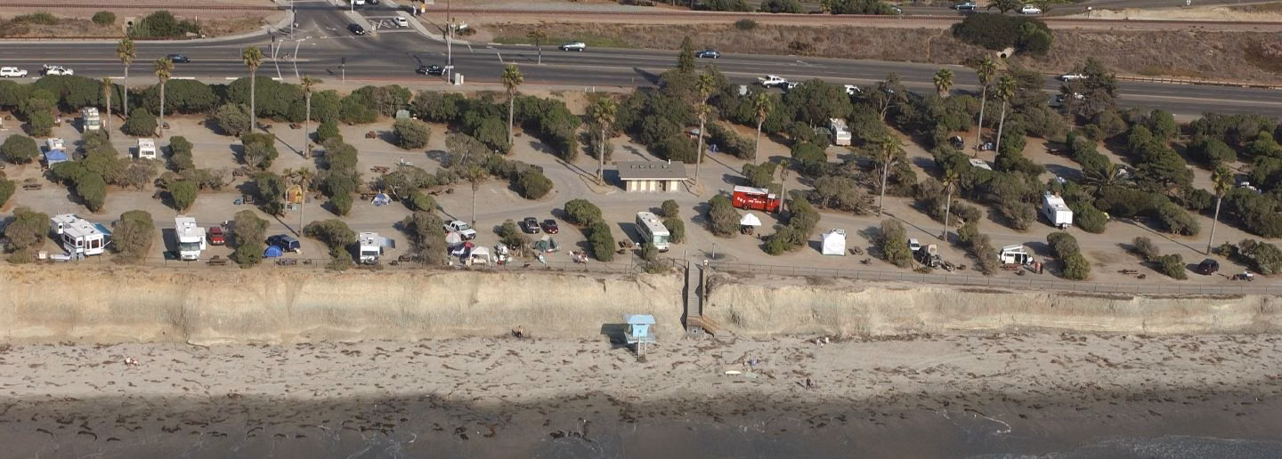 Overhead view of San Elijo campground rows between the park road and the bluff