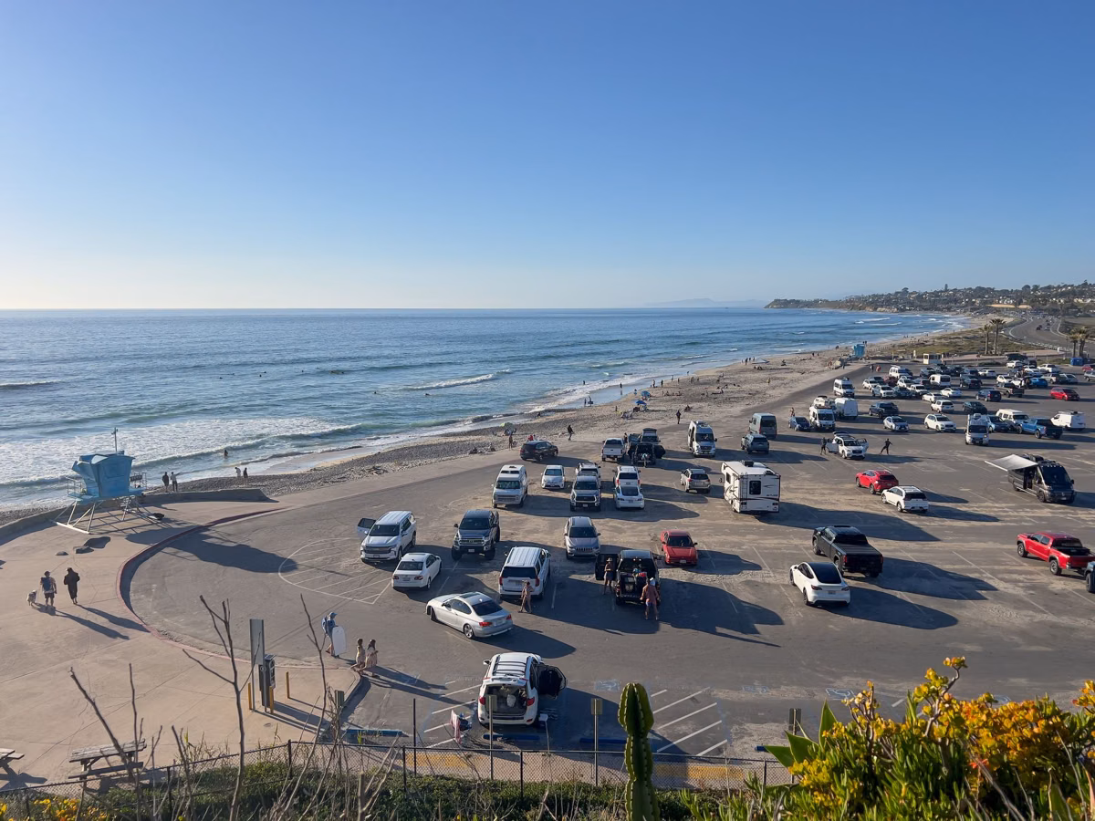 The Cardiff State Beach parking lot on the shore just south of San Elijo
