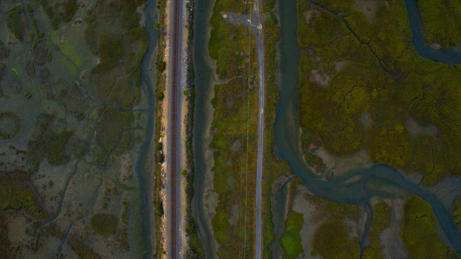 Aerial view of San Elijo Lagoon marsh channels with the railroad and highway crossing it
