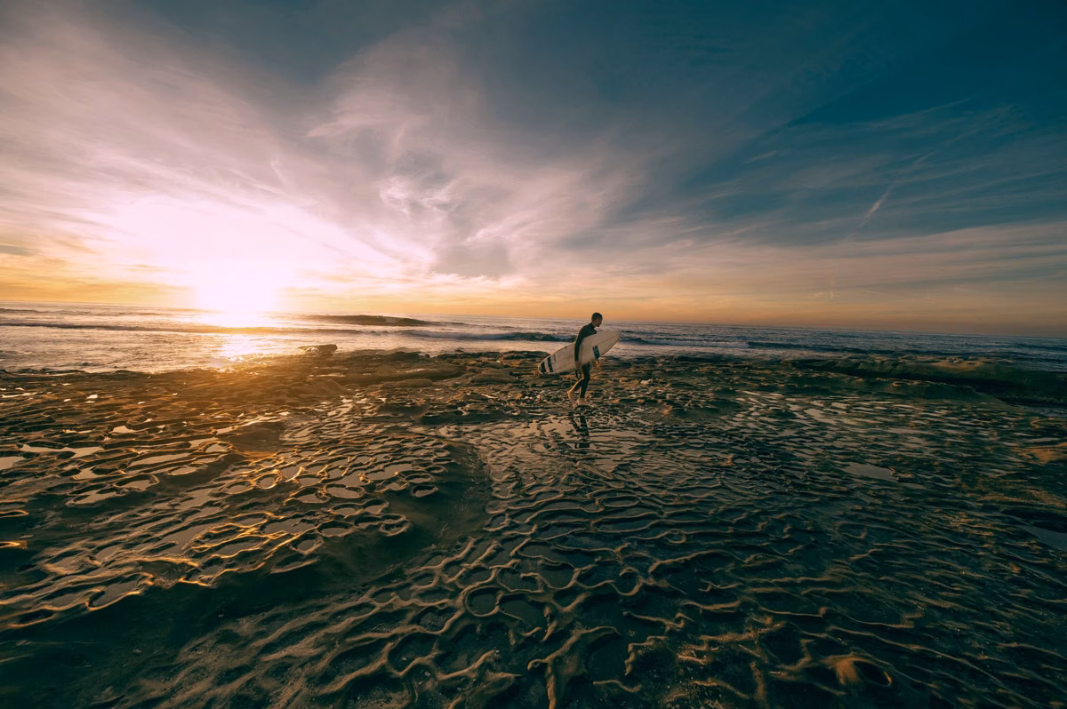 A surfer crossing exposed reef flats at sunset